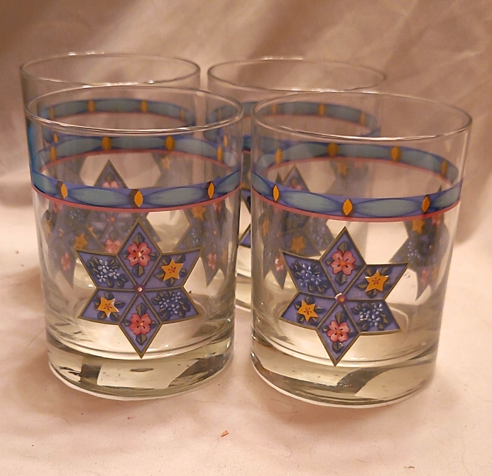Pfaltzgraff Crystalflora Flat Tumbler Glasses Blue Gold Star Snowflake Set of 4